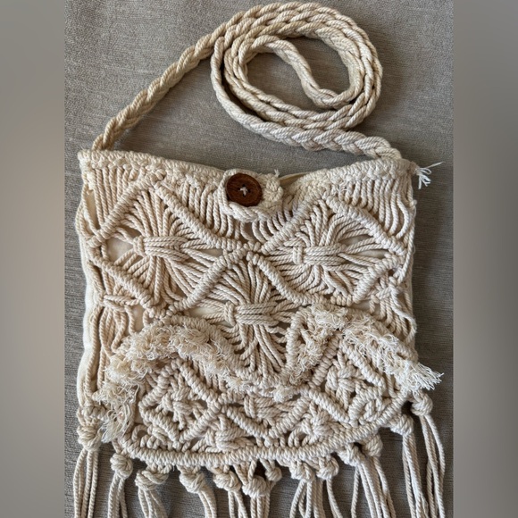 Billabong Cream Macrame Crossbody Bag – Boho Crochet Fringe Purse 100% Cotton - Picture 5 of 11